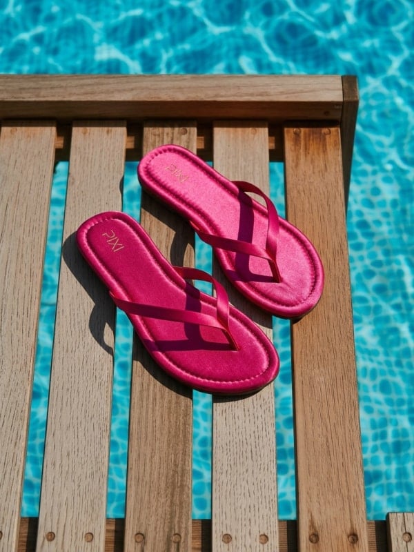 Pair of pink satin flip-flops on a wooden poolside lounger, with rippling blue water in the background.