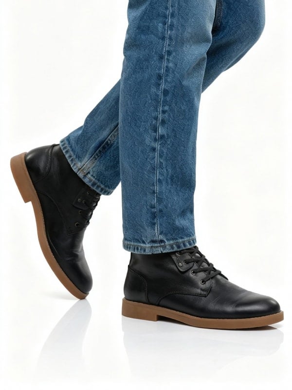 Cropped shot of a man in light blue jeans wearing black leather chukka boots with gum soles, against a clean white background.