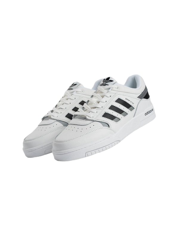 Pair of white Adidas Drop Step low-top sneakers with black stripes and trefoil logo, shown in three-quarter view on a white background.