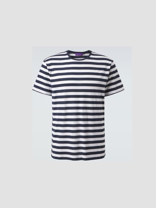 Navy and white Breton-striped short-sleeve t-shirt with a purple Ralph Lauren logo at the neckline, displayed flat on a white background.