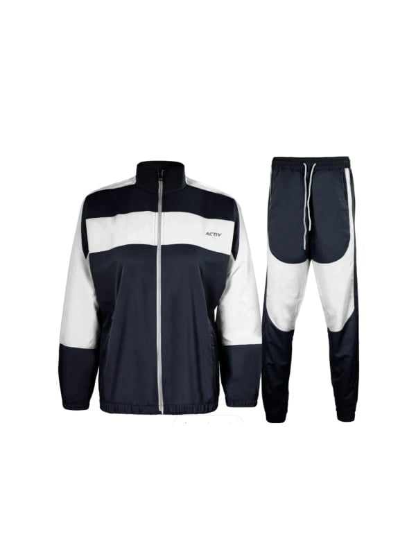 Navy and white colour-blocked tracksuit set with the Activ logo on the chest, shown flat on a white background.