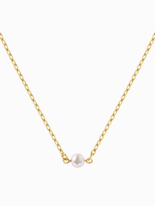 Delicate gold chain necklace with a single freshwater pearl pendant, displayed flat on a white background.