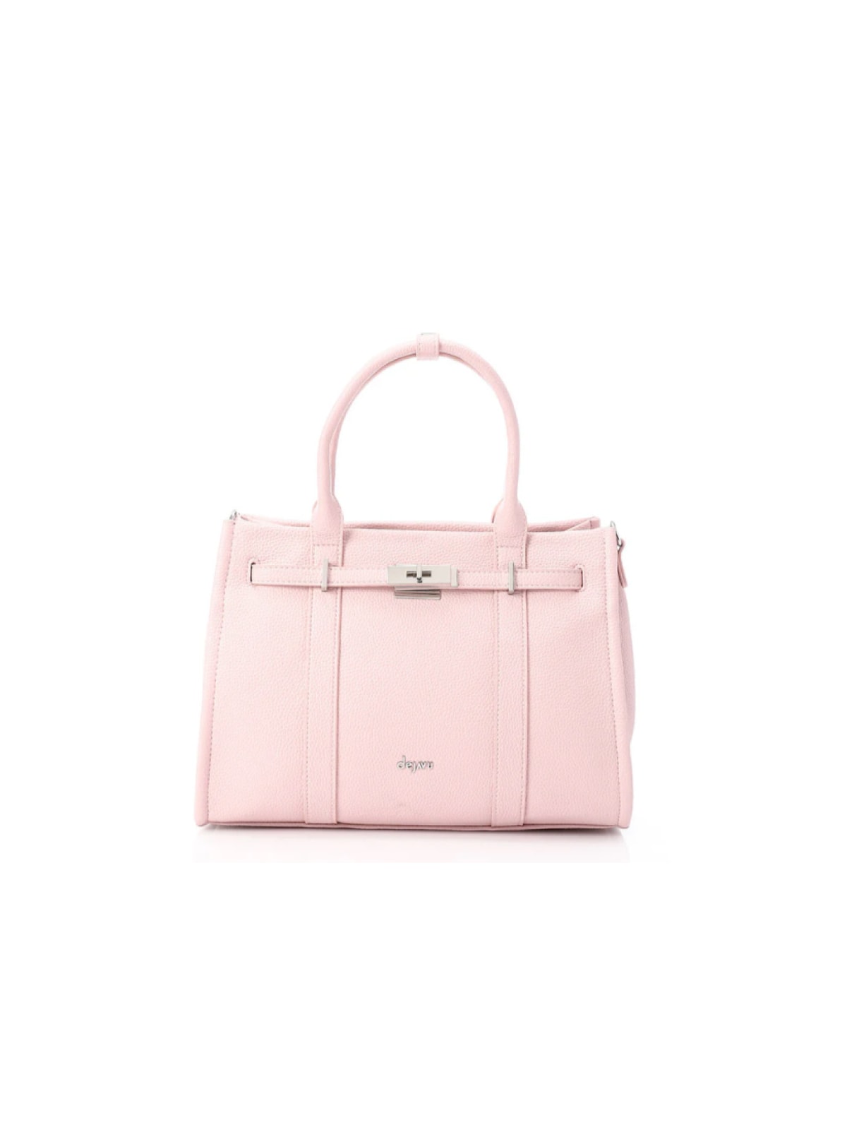 Pale pink pebbled-leather tote bag with rolled top handles and a silver turn-lock closure, displayed front-facing on a plain white background.
