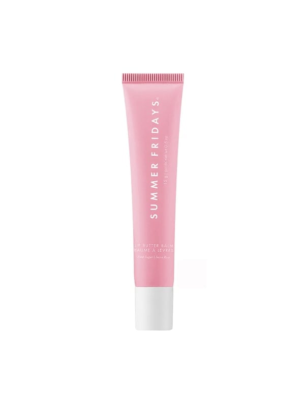 Pink Summer Fridays Lip Butter Balm tube standing upright on a plain white background.
