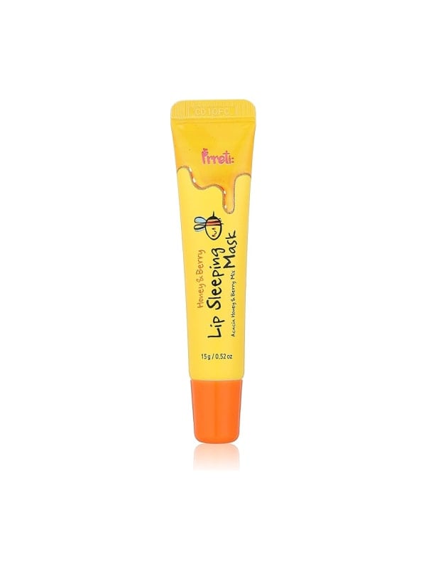 Yellow Prreti Honey and Berry Lip Sleeping Mask tube with an orange cap, shown standing upright on a white background.