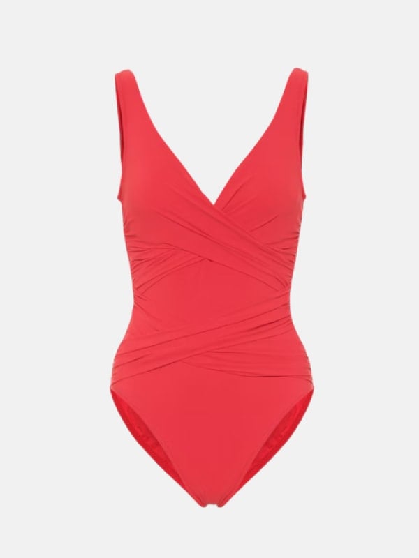 Coral red one-piece swimsuit with a deep V-neckline and ruched wrap detail at the waist, displayed flat on a white background.