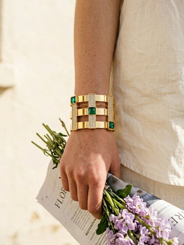 Close-up of a woman's wrist wearing a gold cuff bracelet with emerald stones, holding a bouquet of purple flowers and a magazine.