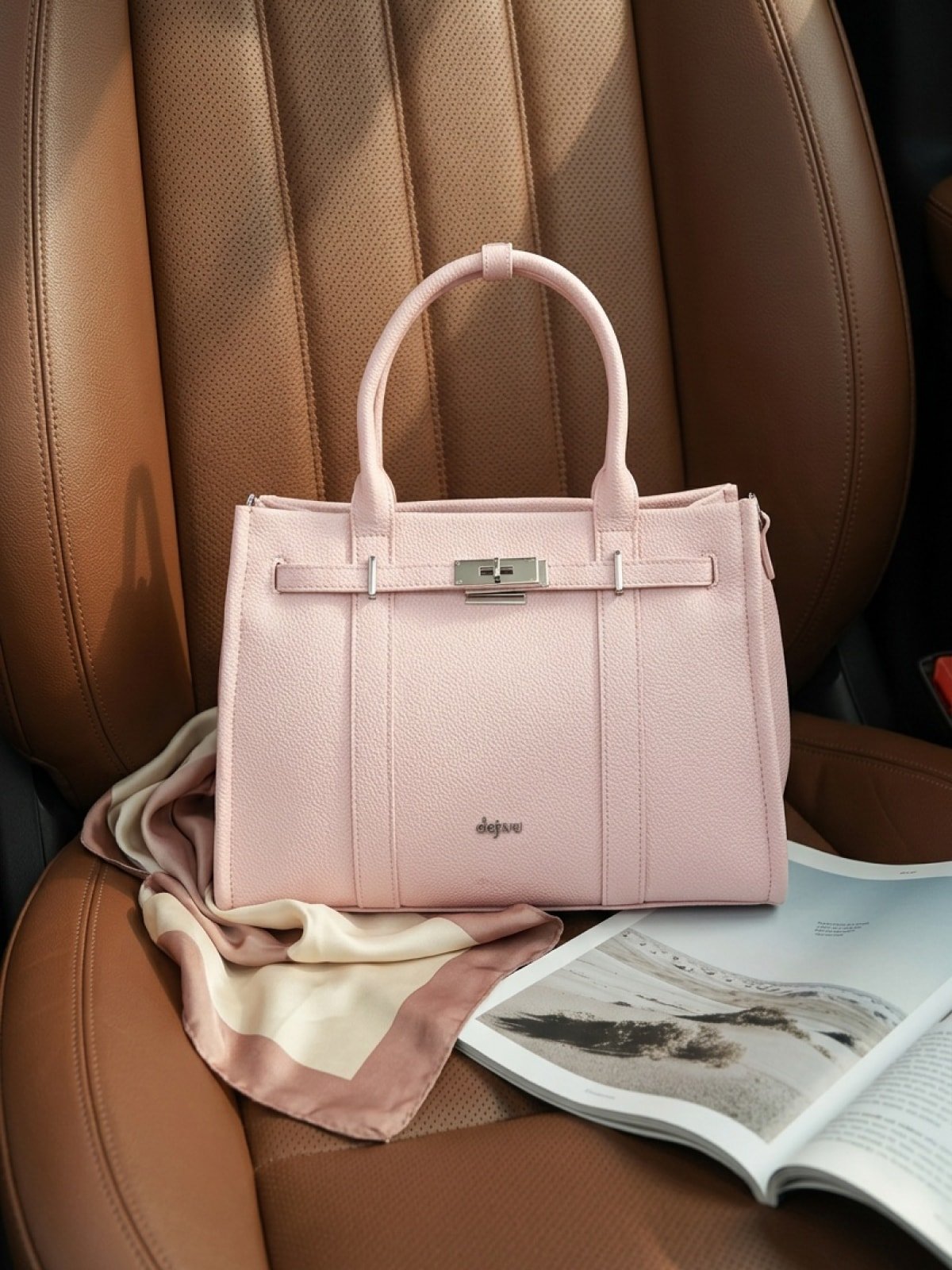 Pale pink leather tote bag styled on a brown leather car seat next to a silk scarf and an open magazine, in warm natural light.