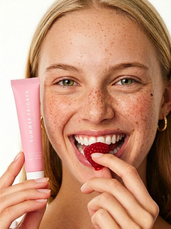 Smiling woman with freckles holding a Summer Fridays lip balm tube while biting into a fresh raspberry, against a soft white background.