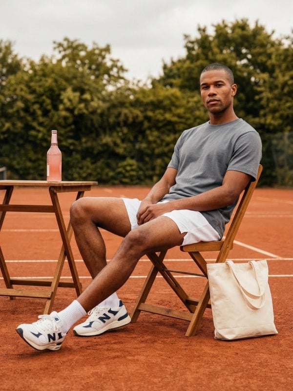 Man in a grey t-shirt and white shorts seated on a wooden folding chair on a clay tennis court, with a canvas tote bag and pink drink on a side table.