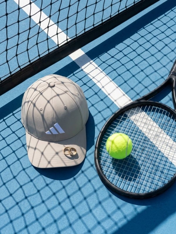 Beige Adidas cap resting on a blue tennis court next to a racket and tennis ball, with shadows from the court net falling across the surface.