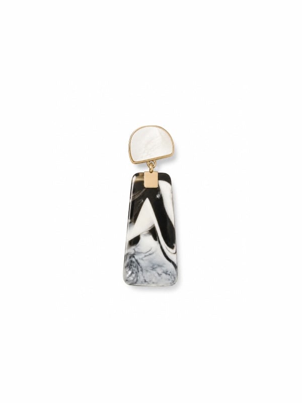 Drop earring with a half-moon mother-of-pearl stud and a black-and-white marbled rectangular acetate dangle, set in gold hardware, displayed on a white background.