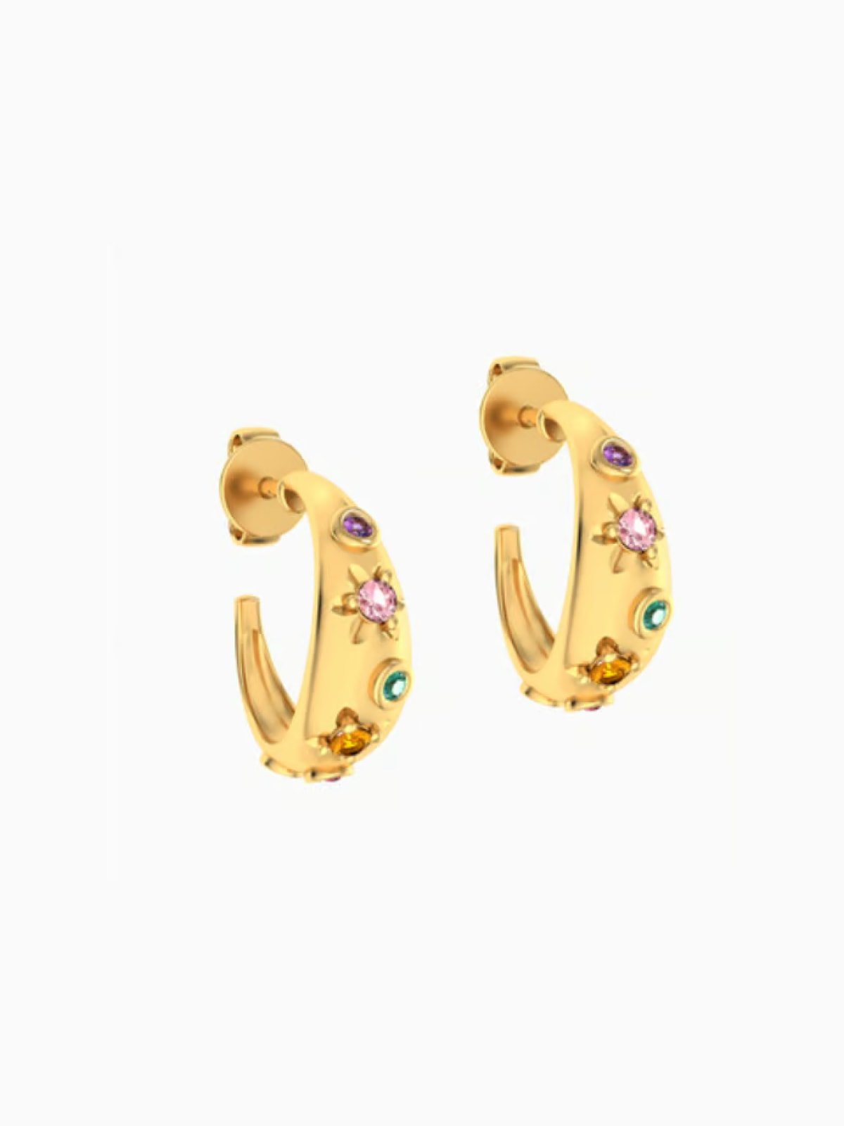 Pair of chunky gold hoop earrings embellished with multicoloured gemstone star inlays, shown in three-quarter view on a white background.