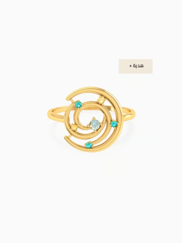 Gold spiral statement ring inlaid with small turquoise and amber gemstones, displayed front-facing on a white background.