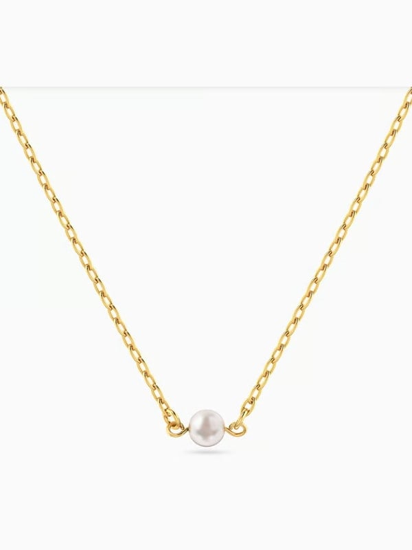 Delicate gold chain necklace with a single freshwater pearl pendant, displayed flat on a white background.