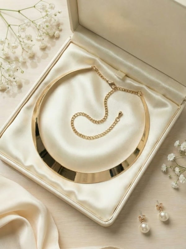 Gold collar necklace and matching pearl earrings displayed in an open cream satin-lined jewelry box on a soft beige background with sprigs of baby's breath.