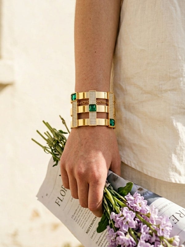Close-up of a woman's wrist wearing a gold cuff bracelet with emerald stones, holding a bouquet of purple flowers and a magazine.