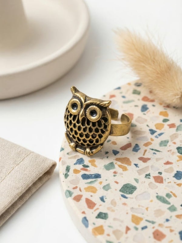 Brass owl ring placed on a confetti-patterned terrazzo coaster beside a beige ceramic dish, linen napkin, and tan grass tassel.