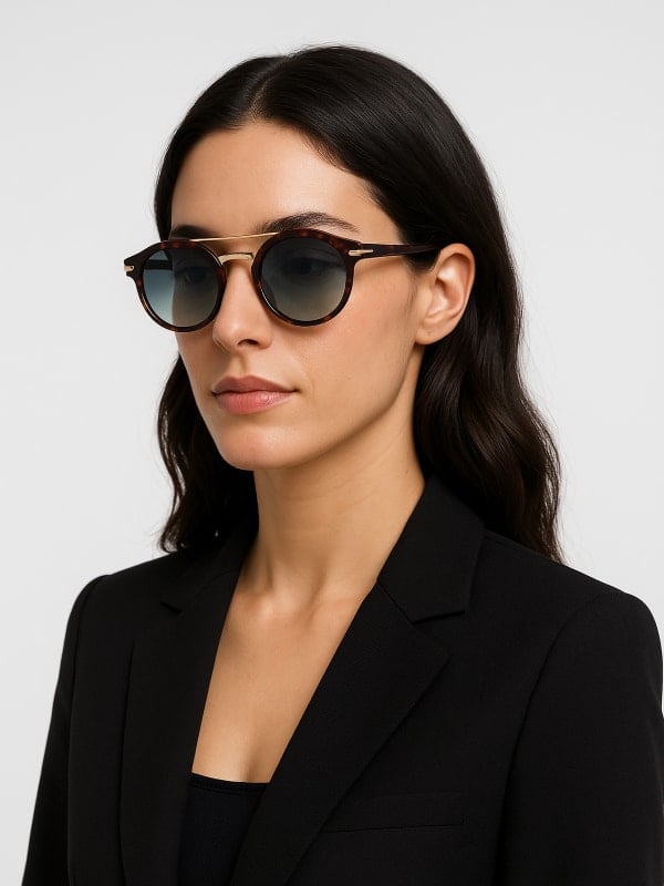 Woman in a black blazer wearing round tortoiseshell sunglasses with gold accents, posing against a plain background.