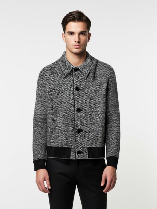 Man wearing a textured grey button-up jacket with black cuffs and collar, standing against a plain background.