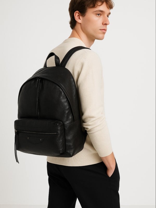 Man wearing a beige sweater and black pants, carrying a sleek black leather backpack, posing in profile against a plain background.