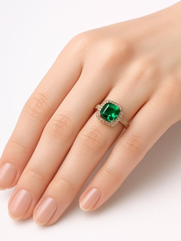 Close-up of a hand wearing a gold ring with a large emerald-cut green gemstone, framed by a halo of small diamonds.