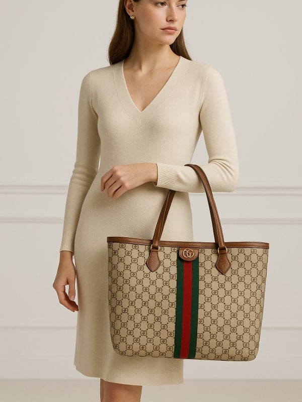 Woman in a cream knit dress holding a large Gucci tote bag with signature monogram and green-red stripe detailing, standing in an elegant indoor setting.