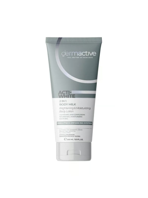 Grey Dermactive Acti-White 2-in-1 brightening body milk tube, shown standing upright on a white background.