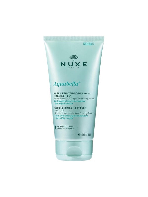 Mint green Nuxe Aquabella micro-exfoliating purifying gel tube, displayed front-facing on a white background.