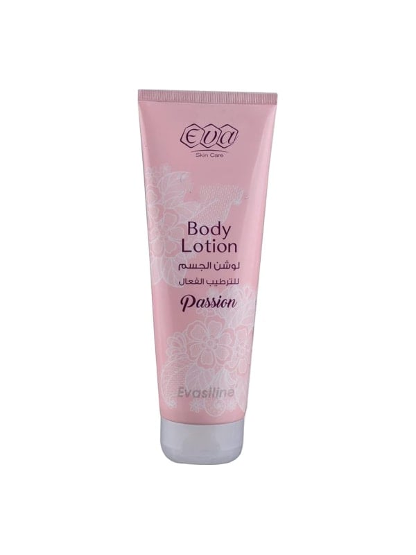 Pink Eva Skin Care Passion body lotion tube with floral lace pattern, displayed front-facing on a white background.
