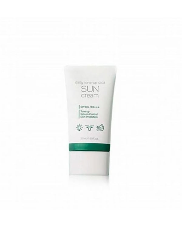 White and green Daily Tone-Up Cica Sun Cream tube with SPF 50+ markings, shown standing upright on a light background.