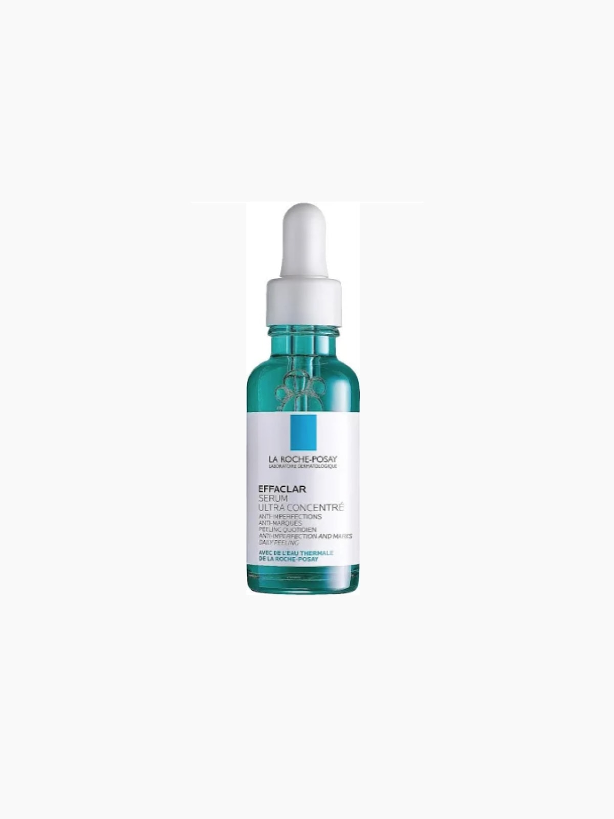Teal glass dropper bottle of La Roche-Posay Effaclar Ultra Concentre serum, displayed front-facing on a plain white background.