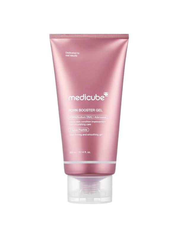 Pink metallic Medicube PDRN Booster Gel tube, shown standing upright on a white background.