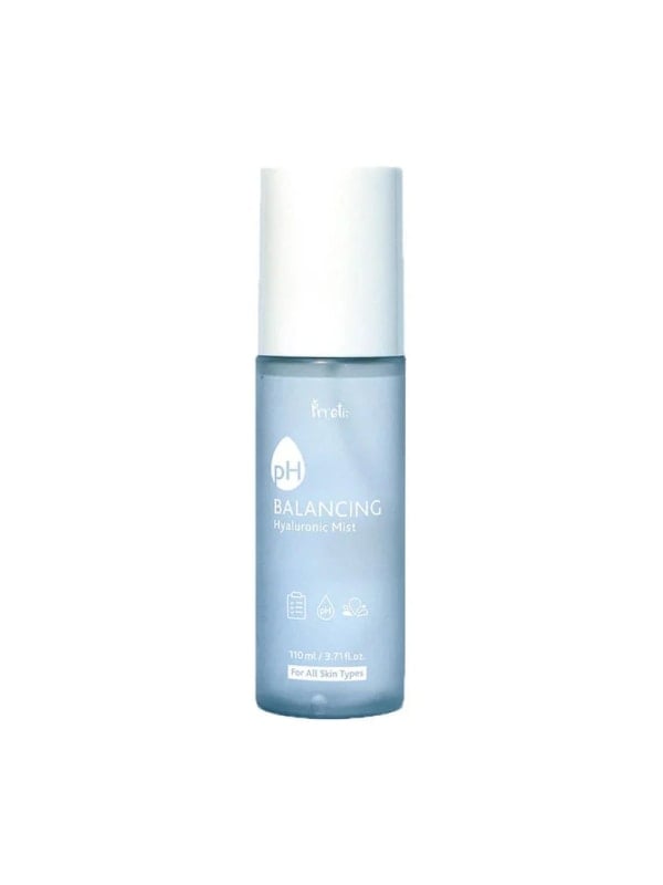 Light blue Prreti pH Balancing Hyaluronic Mist spray bottle with white cap, displayed front-facing on a white background.