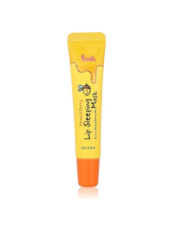 Yellow Prreti Honey and Berry Lip Sleeping Mask tube with an orange cap, shown standing upright on a white background.
