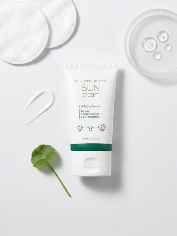 Daily Tone-Up Cica Sun Cream tube flat-lay styled with cotton rounds, a centella leaf, a gel cream swatch, and a petri dish of clear gel on a light background.