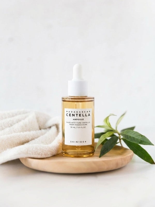 Skin1004 Madagascar Centella Ampoule on a wooden tray styled with a soft beige towel and fresh green leaves on a white surface.