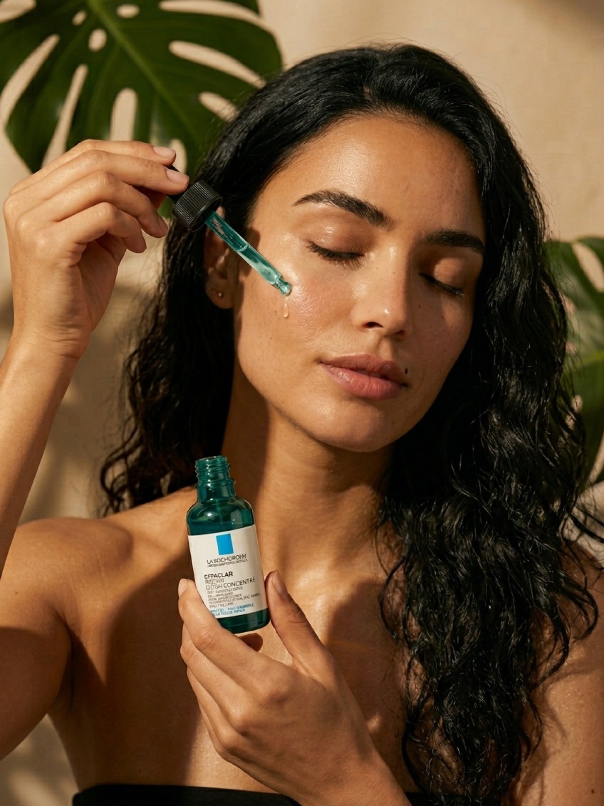 Woman with damp curly hair applying La Roche-Posay Effaclar serum to her cheek with a dropper, in warm natural light with monstera leaves behind her.