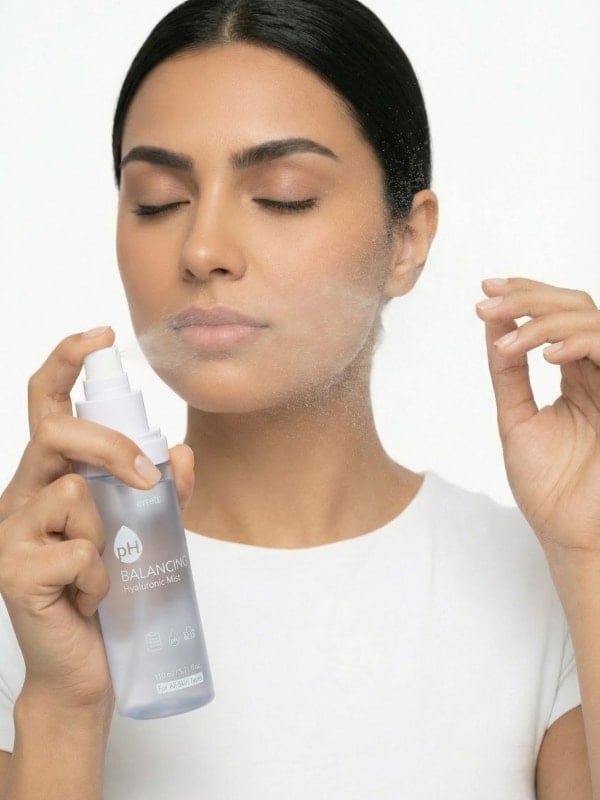 Woman with closed eyes spritzing pH Balancing Hyaluronic Mist over her face, against a clean white background.
