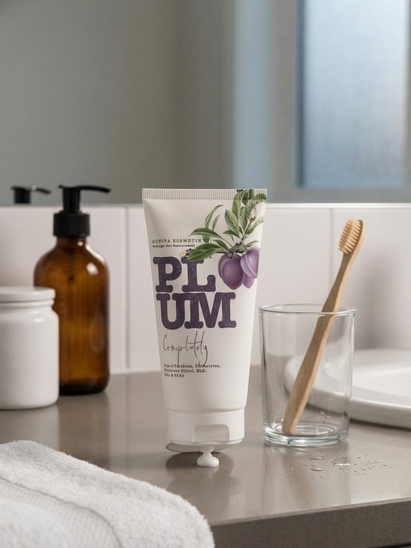 Plum overnight face cream tube placed on a bathroom counter beside a glass with a bamboo toothbrush, a soap dispenser, and folded white towel.