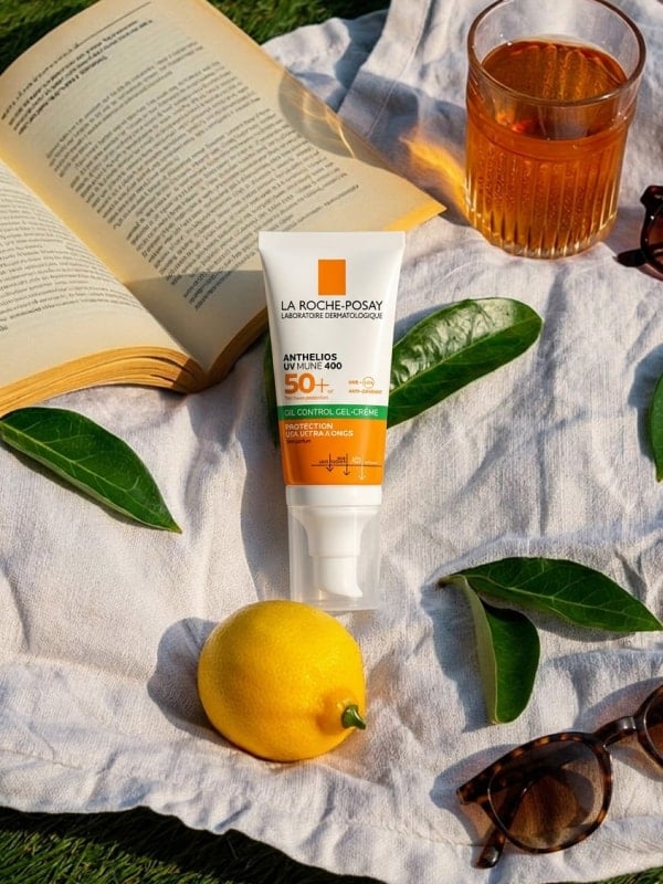La Roche-Posay sunscreen tube laid on a white picnic cloth with a fresh lemon, leaves, an open book, sunglasses, and a glass of iced tea.