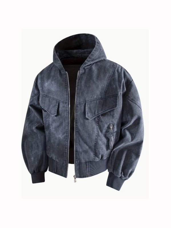 Washed navy hooded denim bomber jacket with chest flap pockets and contrast black hood and ribbed cuffs, displayed flat on a light grey background.