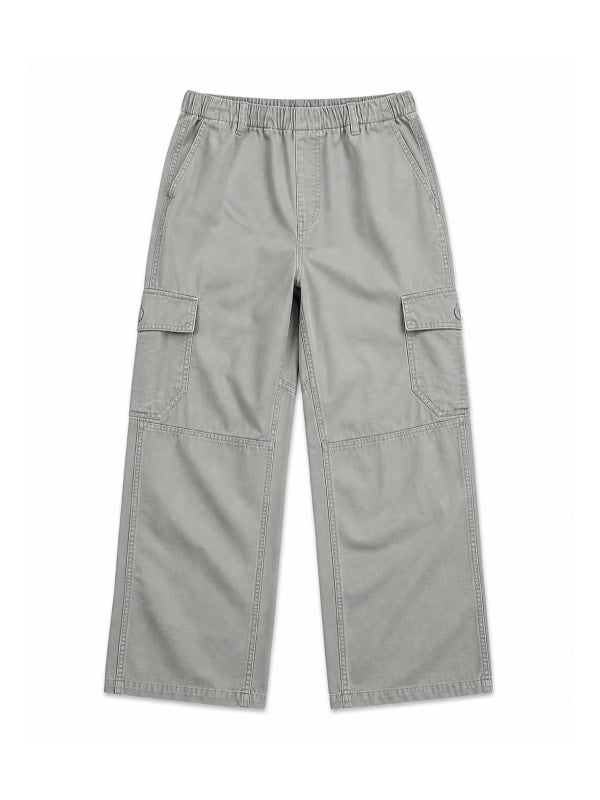 Light grey washed cargo pants with elastic waistband and oversized side pocket flaps, displayed flat on a light grey background.