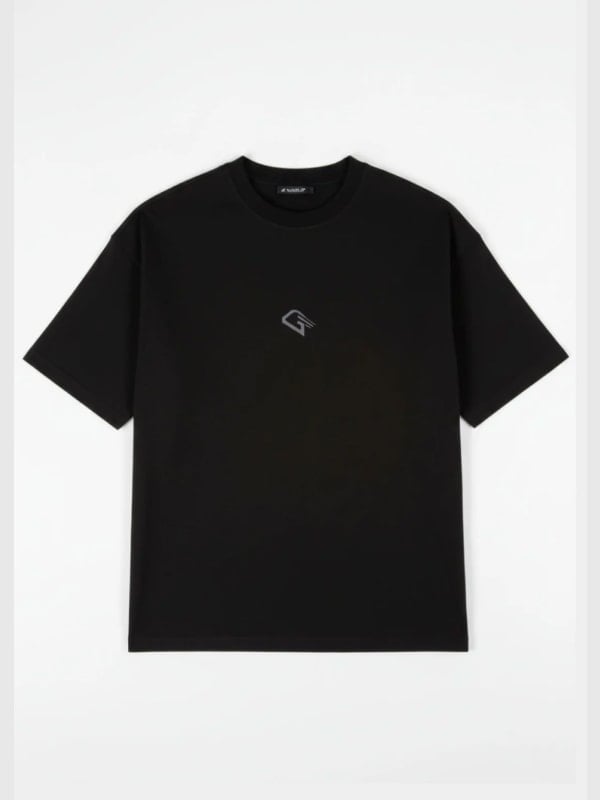 Black oversized streetwear t-shirt with a small embroidered chest logo, displayed flat on a light grey background.