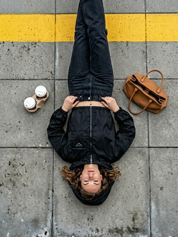 Overhead shot of a curly-haired woman lying across a yellow-painted pavement line in a cropped black Prada hood jacket and washed black jeans, with a tan tote bag and two takeaway coffees beside her.