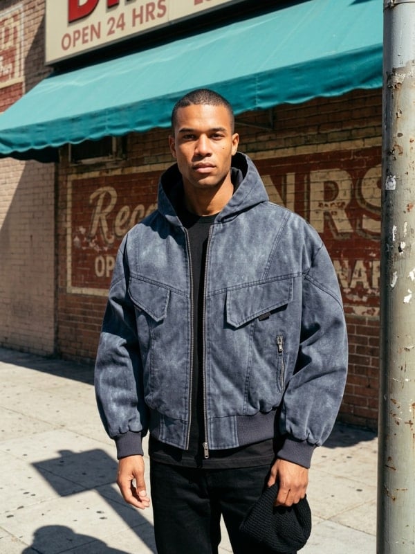 Man in a washed denim hooded bomber jacket and black jeans standing on a sunny city sidewalk in front of a vintage Open 24 Hours diner sign.