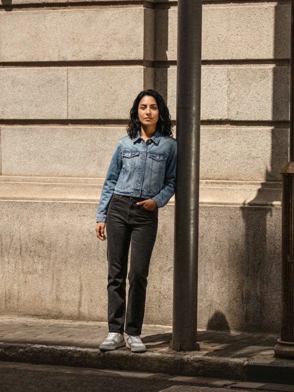 Woman with curly dark hair standing under a stone column on a sunlit city street, wearing a cropped denim trucker jacket, black jeans, and white sneakers.