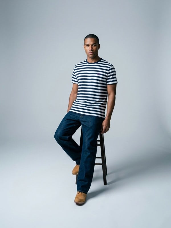 Man perched on a tall wooden stool in a clean studio, wearing a navy and white breton striped tee, dark indigo jeans, and tan suede boots.