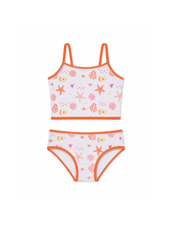 White girls' tankini set with orange trim and an underwater print of starfish, seashells, and tropical fish, displayed flat on a white background.