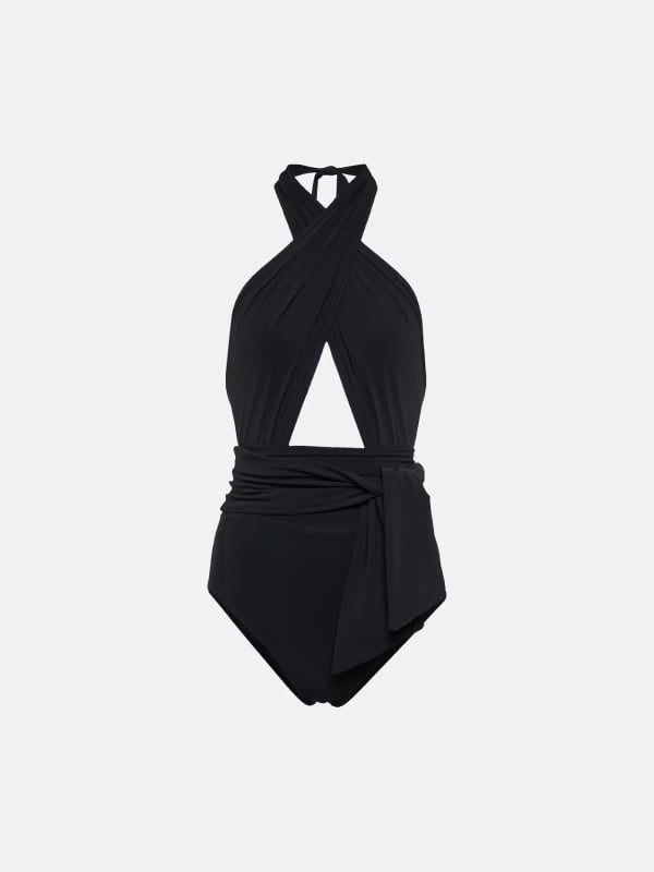 Black halter one-piece swimsuit with a crossover bust cutout and a tie-front waist sash, displayed flat on a white background.